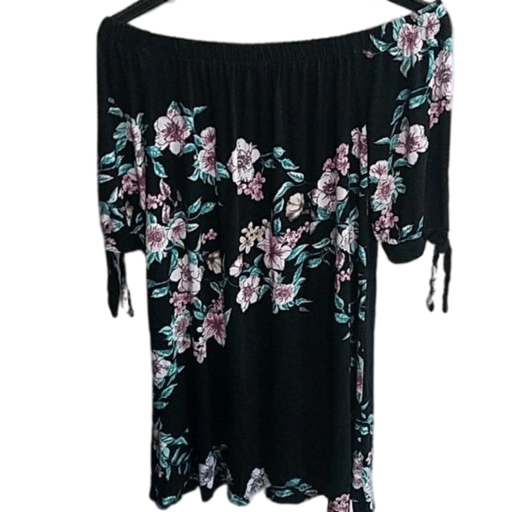 Saved by the Dress Off The Shoulder Mini Dress Black with Floral Pattern Tunic - Picture 3 of 6